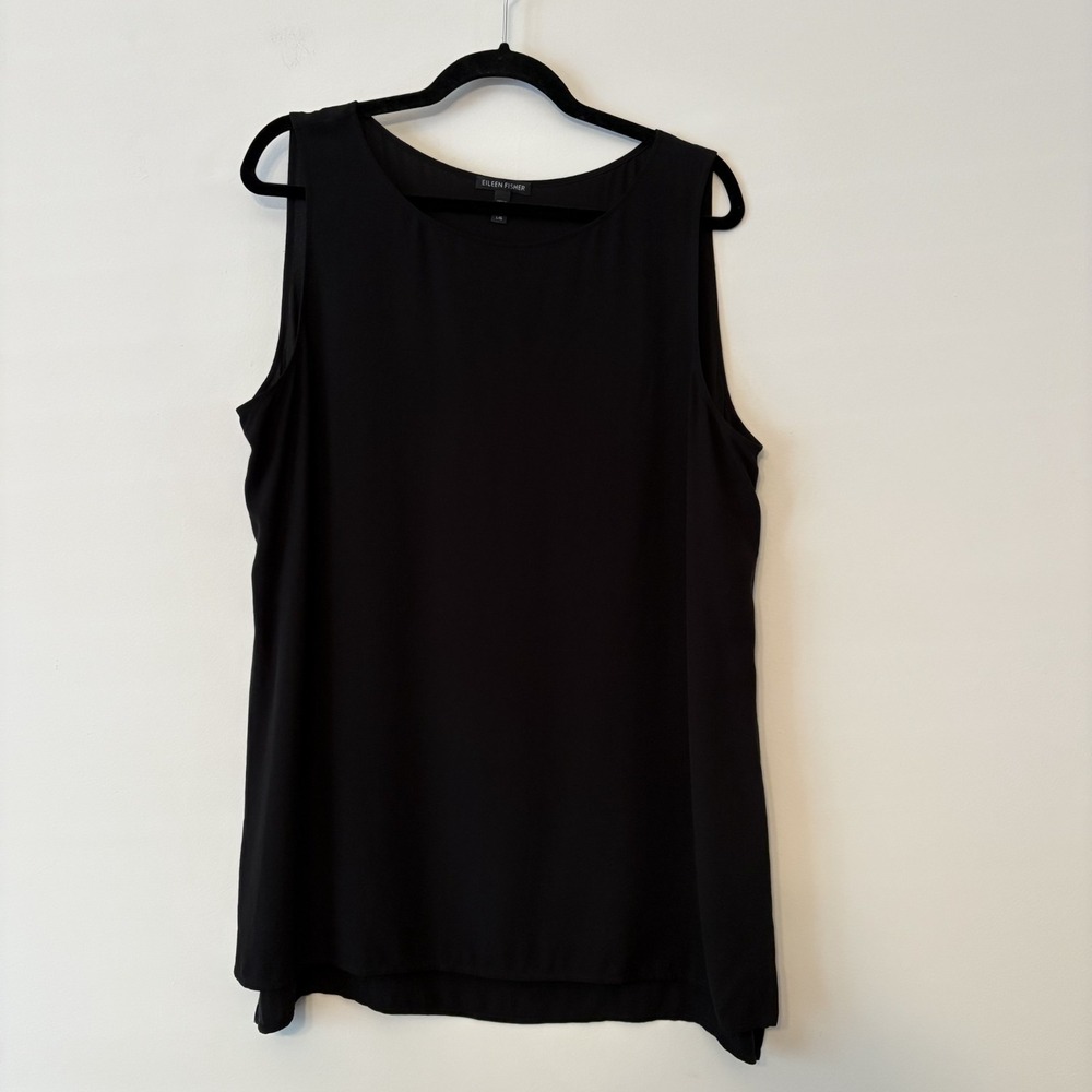 Eileen Fisher 100% Silk Sleeveless Tunic Top Black Sz L Quiet Luxury Minimalist